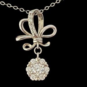 Moissanite Cluster Flower Pendant with Ribbon Bow – Sterling Silver Necklace